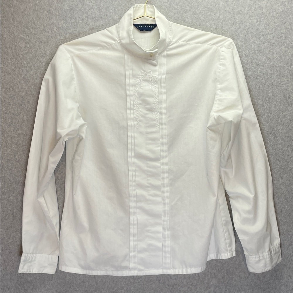 Nantucket Vintage Rare Tuxedo Formal Floral Embroidered White High Collar Top